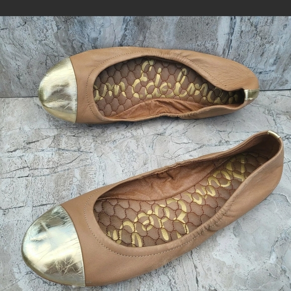 Sam Edelman Women's 7.5 Baxton 2 Tan Leather Gold Cap Toe Slip On Ballet Flats - Picture 5 of 11